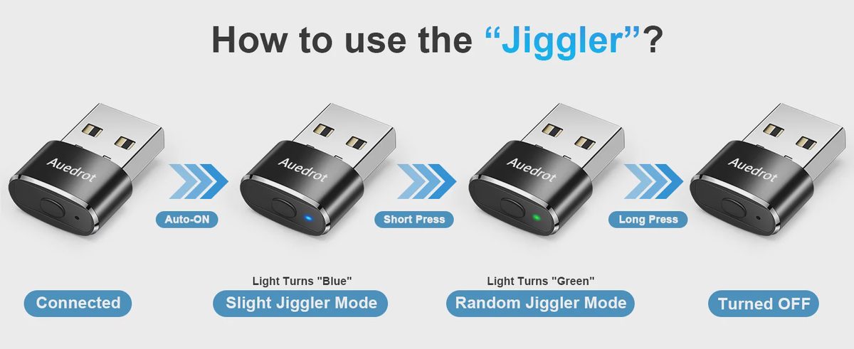 Mouse Jiggler advertisement: USB-A and USB-C types, dual modes, button instructions, usage scenarios, and Amazon rating of 4.7/5 stars.