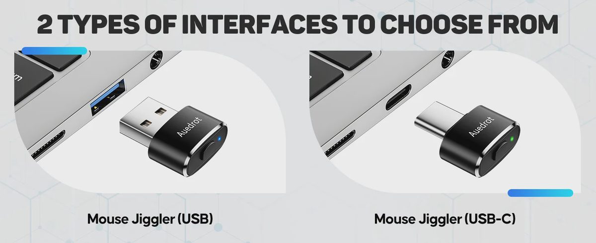 Auiedrot Mouse Jiggler with USB and USB-C options, two modes, instructions, use cases, and a 4.7/5 score.
