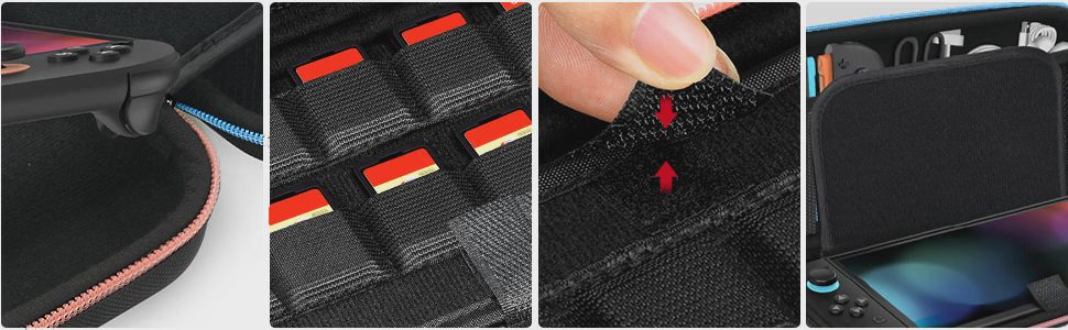 Close-ups showing the zipper, game card slots, soft lining, and screen protection flap.