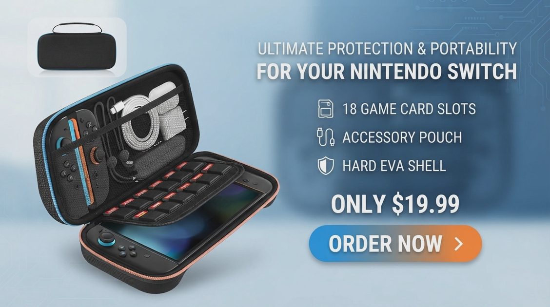 Promo image featuring 18 game card slots, accessory pouch, hard EVA shell, and price at $19.99.