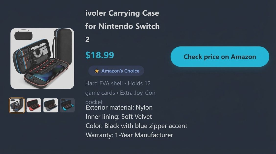 iVoler Carrying Case for Nintendo Switch 2, priced at $18.99 and marked Amazon's Choice.